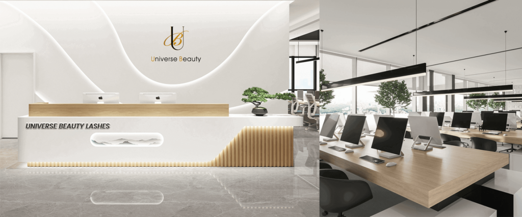alt text with descriptive keywords: Timeline graphic showing a manufacturer's years of experience in the lash industry and award logos