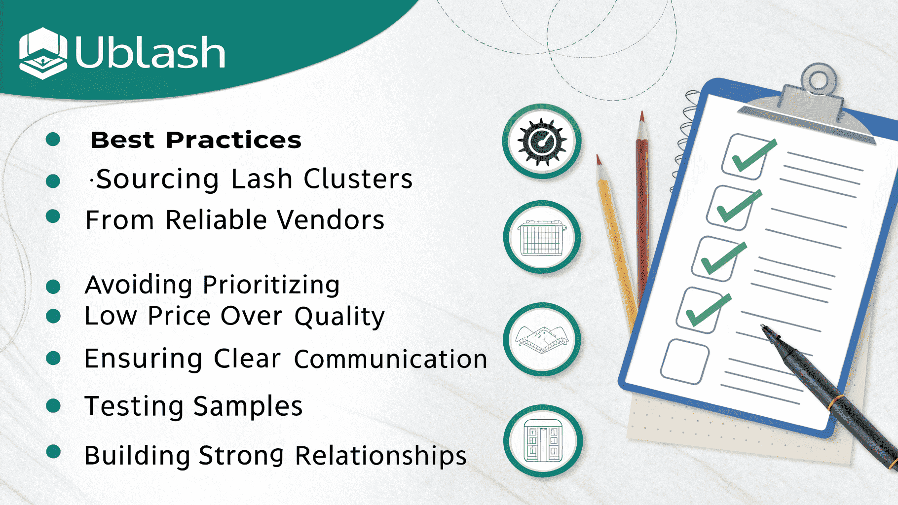 alt text: Checklist illustrating best practices for sourcing from reliable vendors like UBLash