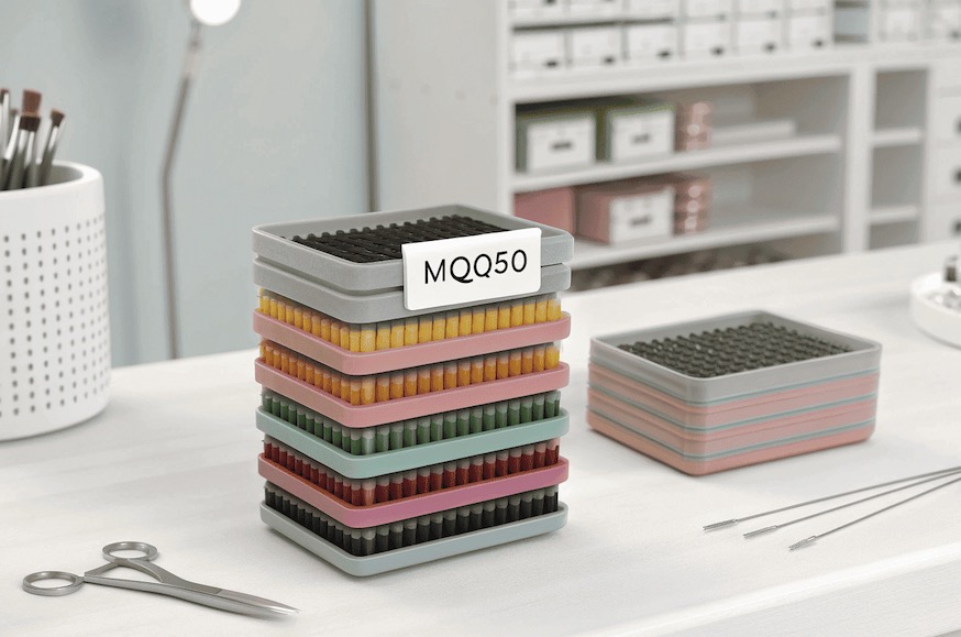 alt text with descriptive keywords: Stack of DIY lash kits with a tag showing an example MOQ number