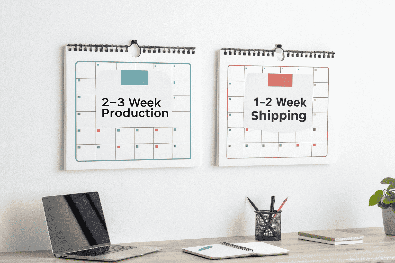 alt text with descriptive keywords: Calendar highlighting a 3-4-week production period and a 1-2-week flight shipping period