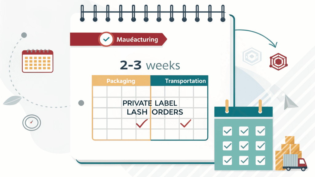 alt text with descriptive keywords: Calendar highlighting a production window of 2-3weeks and a shipping window of 1-2 weeks