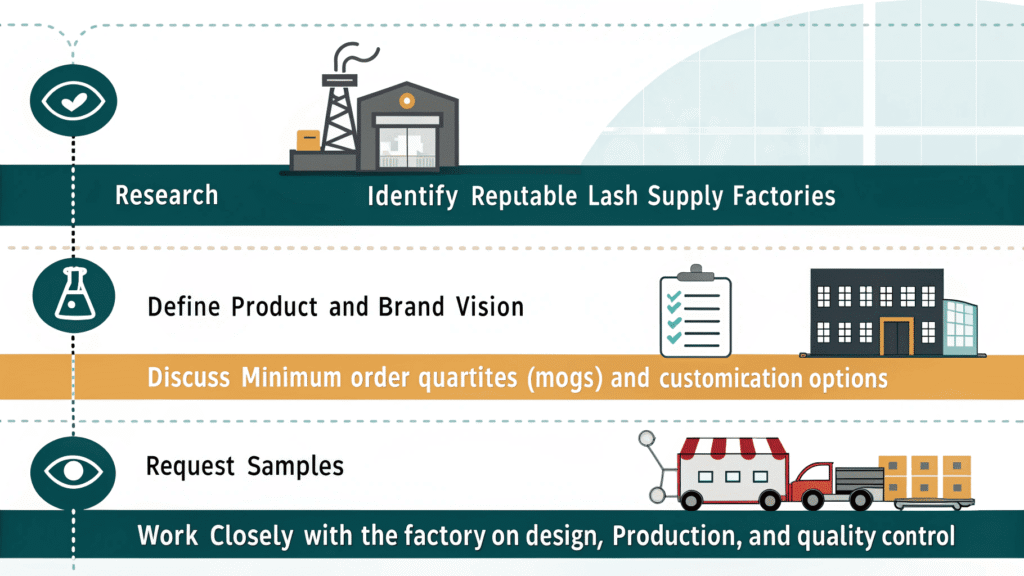 alt text with descriptive keywords: Infographic showing steps to start a private label lash line with a factory